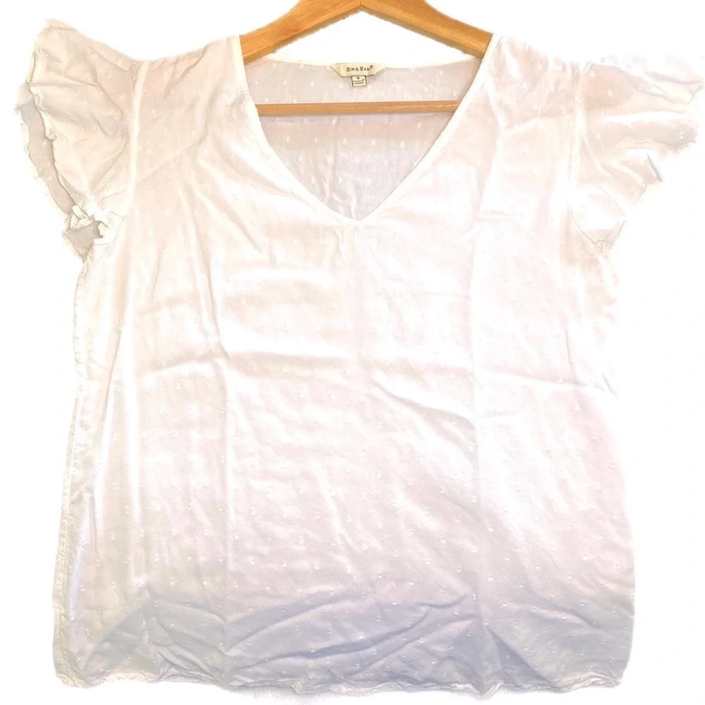 White Swiss Dot Flutter Sleeve V-Neck Blouse